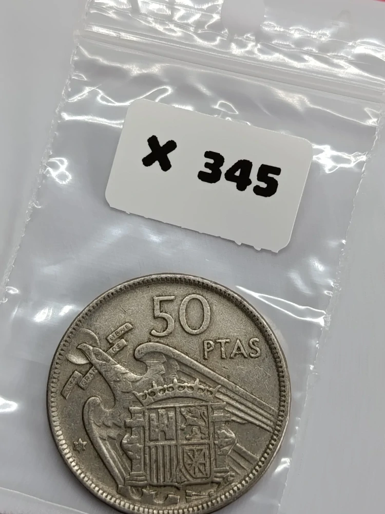 Španělsko 50 pesetas, 1957 Lettering on the edge: "UNA * * GRANDE * * LIBRE * *" (1958)