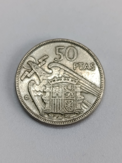 Španělsko 50 pesetas, 1957 Lettering on the edge: "UNA * * GRANDE * * LIBRE * *" (1958)
